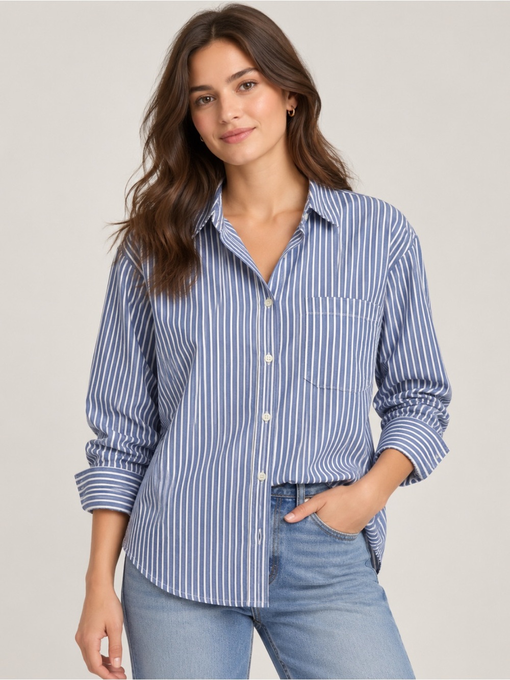 Vince Cotton/Silk Blend Blue/White Striped Button-Up Shirt Size-Small Minimalism